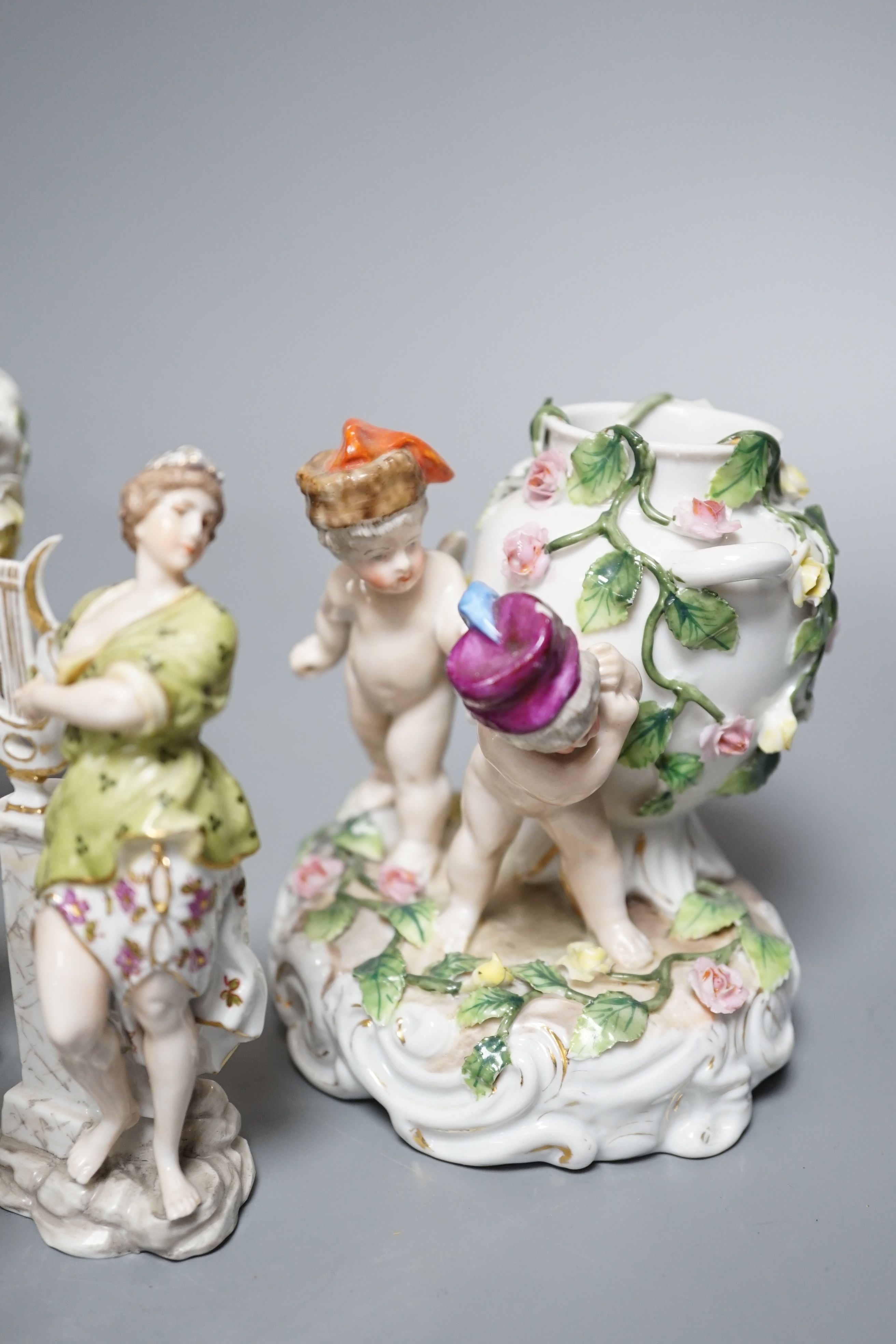 A Sitzendorf porcelain basket, 24cm, Sitzendorf vase and a set of six Volkstedt figures